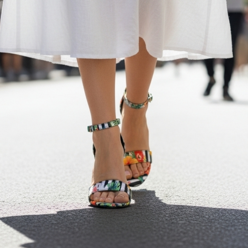 EUC ​Bamboo Tropical Floral & Striped Ankle Strap Block Heels - Size 10! - Picture 2 of 16
